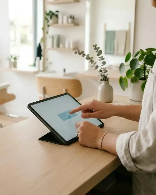 The salon owner approving the reply on a tablet between clients